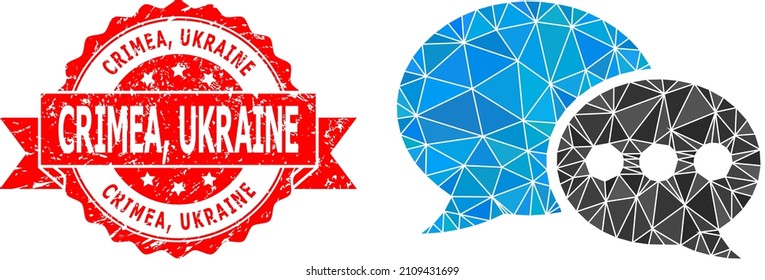 Low-Poly-Forum Nachrichten Symbol Illustration, und Krim, Ukraine gekratzt Stempel. Rote Stempelrobbe hat Krim, Ukraine-Beschriftung in Band. Das Vector Forum Nachrichten Symbol ist mit Dreiecken gefüllt.