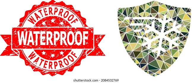 Low-Poly polygonal frost protection military camouflage symbol illustration, and Waterproof dirty seal. Red stamp seal has Waterproof text inside ribbon.
