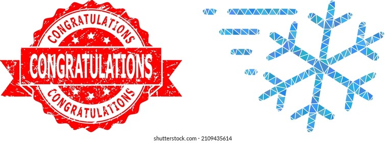 Lowpoly polygonal frost wind icon illustration, and Congratulations dirty stamp. Red stamp seal includes Congratulations title inside ribbon. Vector frost wind icon is filled with triangles.