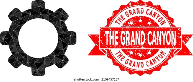 Low-Poly polygonal gear icon illustration, and The Grand Canyon textured watermark. Red stamp includes The Grand Canyon tag inside ribbon. Vector gear icon is filled using triangles.