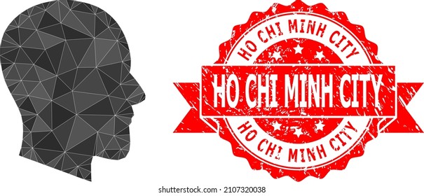 Lowpoly polygonal gentleman profile symbol illustration, and Ho Chi Minh City scratched seal. Red stamp seal has Ho Chi Minh City text inside ribbon.