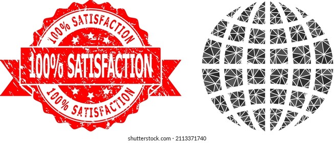 Low-Poly polygonal globe symbol illustration, and 100 percent Satisfaction textured stamp seal. Red stamp seal includes 100 percent Satisfaction tag inside ribbon. Vector globe icon filled using