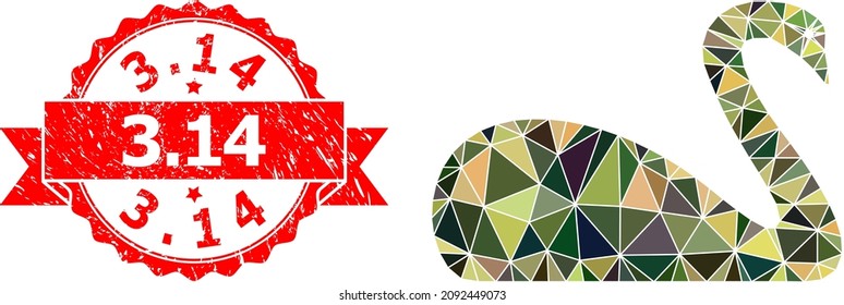 Low-Poly polygonal goose military camouflage icon illustration, and 3.14 textured stamp seal. Red seal includes 3.14 title inside ribbon. Vector goose icon filled with camouflage triangle mosaic.