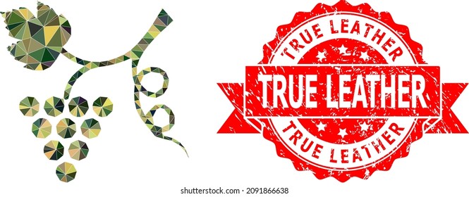 Low-Poly polygonal grape plant military camouflage icon illustration, and True Leather unclean seal print. Red seal contains True Leather tag inside ribbon.