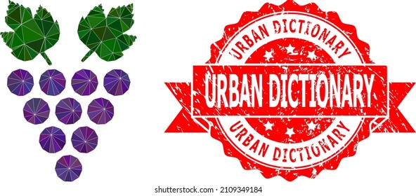 Lowpoly polygonal grape symbol illustration, and Urban Dictionary rubber seal imitation. Red stamp seal includes Urban Dictionary tag inside ribbon. Vector grape icon is filled with triangles.