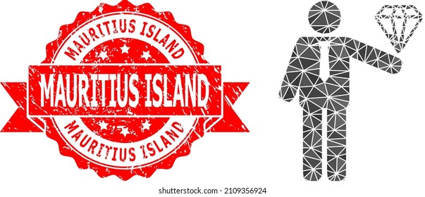 Low-Poly polygonal groom diamond icon illustration, and Mauritius Island rubber seal. Red seal has Mauritius Island text inside ribbon. Vector groom diamond icon is filled using triangles.