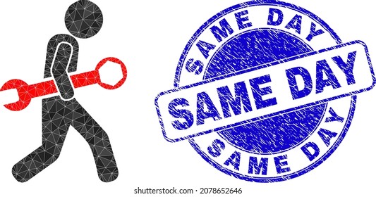 Low-Poly polygonal guy steal wrench icon illustration, and Same Day unclean stamp seal. Blue stamp seal has Same Day title inside round form. Guy steal wrench icon filled with triangles.