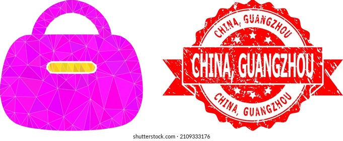 Lowpoly polygonal handbag icon illustration, and China, Guangzhou grunge stamp. Red stamp has China, Guangzhou text inside ribbon. Vector handbag icon filled using triangles.