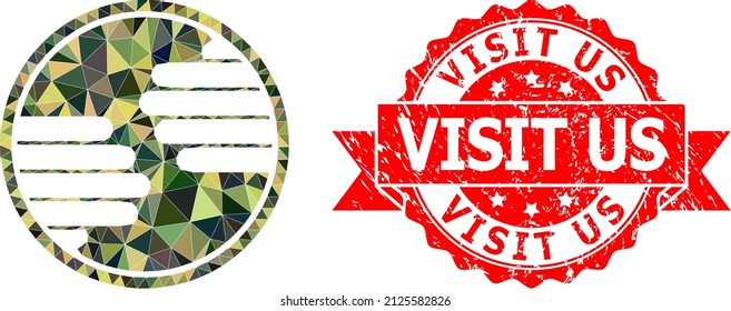 Low-Poly polygonal hands circle military camouflage symbol illustration, and Visit Us unclean seal. Red seal contains Visit Us text inside ribbon.