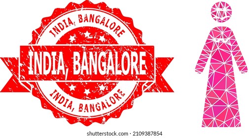 Low-Poly polygonal happy woman 2d illustration, and India, Bangalore dirty stamp seal. Red stamp seal includes India, Bangalore title inside ribbon.