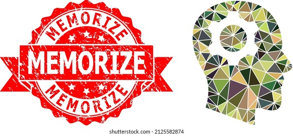 Lowpoly polygonal head gear military camouflage 2d illustration, and Memorize unclean stamp. Red stamp seal has Memorize caption inside ribbon. Vector head gear icon is filled using camo triangles.