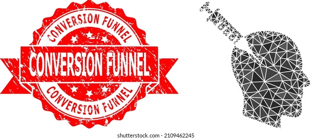 Low-Poly polygonal head injection icon illustration, and Conversion Funnel dirty stamp. Red stamp includes Conversion Funnel text inside ribbon.