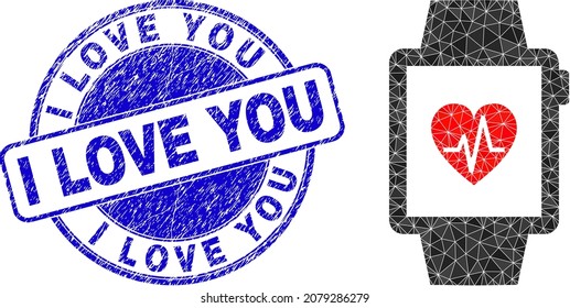 Low-Poly polygonal heart pulse tracker icon illustration, and I LOVE YOU scratched seal imitation. Blue stamp seal includes I Love You tag inside round shape.