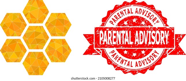 Lowpoly polygonal honeycombs symbol illustration, and Parental Advisory unclean stamp seal. Red stamp includes Parental Advisory title inside ribbon. Vector honeycombs icon is filled using triangles.