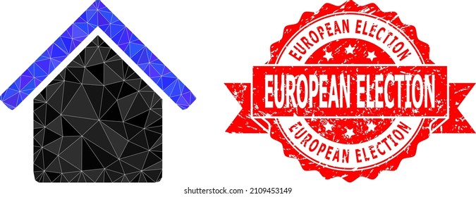 Low-Poly-Polygonal-Haus-Ikone-Illustration, und europäische Wahlen strukturierte Siegel-Imitation. Rote Stempelsiegel enthält europäischen Wahltext in der Schleife. Das Vektorhaus-Symbol wird mit Dreiecken gefüllt.
