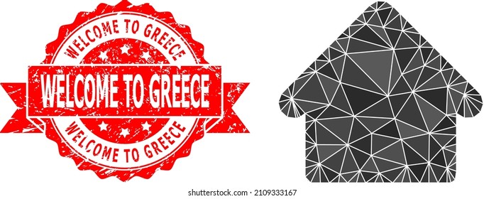 Lowpoly polygonal house symbol illustration, and Welcome to Greece scratched seal imitation. Red seal has Welcome to Greece tag inside ribbon. Vector house icon is filled with triangles.