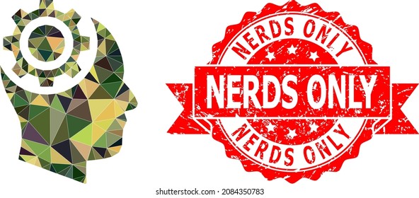 Low-Poly polygonal human intellect gear military camouflage icon illustration, and Nerds Only rubber stamp. Red stamp seal includes Nerds Only caption inside ribbon.