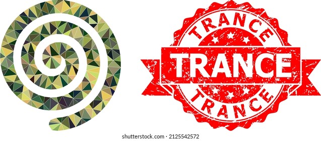 Low-Poly polygonal hypnosis spiral military camouflage symbol illustration, and Trance unclean stamp seal. Red stamp seal has Trance text inside ribbon.