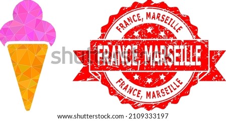 Low-Poly polygonal icecream 2d illustration, and France, Marseille grunge watermark. Red seal contains France, Marseille caption inside ribbon. Vector icecream icon filled using triangles.