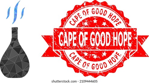 Low-Poly polygonal incense vial 2d illustration, and Cape of Good Hope corroded seal print. Red stamp seal contains Cape of Good Hope title inside ribbon.