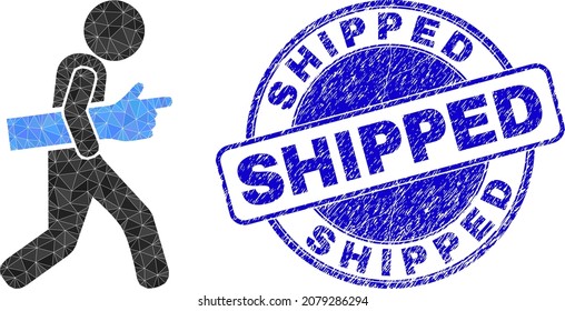 Ilustración del icono del mensajero del dedo índice poligonal flojo con sello sucio. El sello azul contiene la etiqueta Shipped dentro de la forma de círculo. El icono del mensajero de dedo índice se rellena utilizando triángulos.