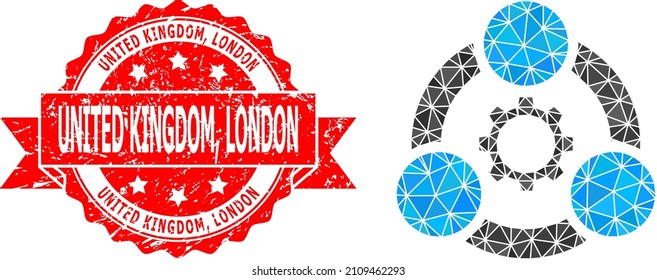 Low-Poly polygonal industrial collaboration 2d illustration, and United Kingdom, London unclean seal print. Red stamp seal contains United Kingdom, London caption inside ribbon.