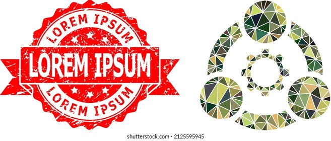 Low-Poly polygonal industrial collaboration military camouflage icon illustration, and Lorem Ipsum corroded seal. Red seal has Lorem Ipsum title inside ribbon.