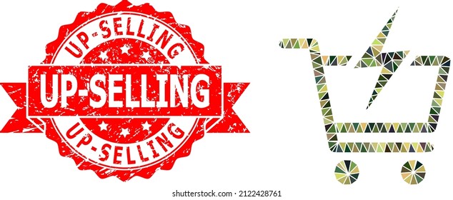 Low-Poly polygonal instant shopping military camouflage icon illustration, and Up-Selling dirty stamp seal. Red stamp seal contains Up-Selling caption inside ribbon.