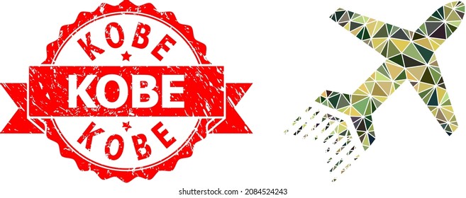 Lowpoly polygonal jet liner military camouflage symbol illustration, and Kobe textured seal imitation. Red seal includes Kobe caption inside ribbon.