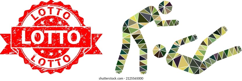Low-Poly polygonal judo struggle military camouflage 2d illustration, and Lotto textured stamp. Red stamp includes Lotto caption inside ribbon. Vector judo struggle icon filled using camo triangles.