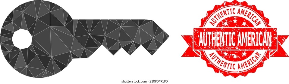 Ilustración de icono de la clave poligonal floja y sello corroido por el auténtico estadounidense. El sello rojo tiene una leyenda auténticamente americana dentro de la cinta. El icono de la clave del vector se rellena con triángulos.