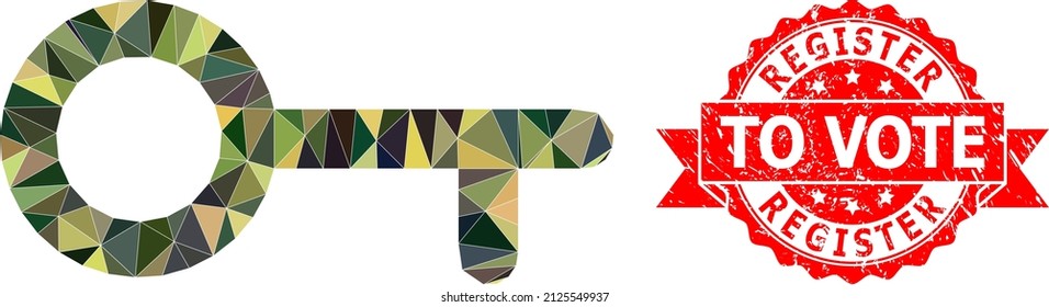 Low-Poly polygonal key military camouflage icon illustration, and Register To Vote grunge seal print. Red stamp includes Register to Vote tag inside ribbon.