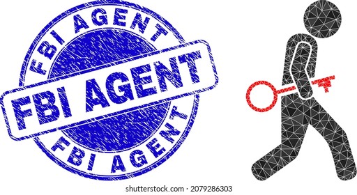 Low-Poly-Keyboard-Räuber-Ikone-Illustration und FBI Agent-Schmutzstempel. Blue Stempel hat FBI Agent Tag in runden Form. Das Schlüsselrobber-Symbol wird mit Dreiecken gefüllt.