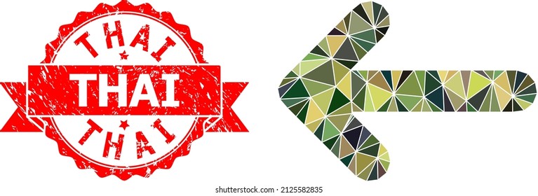 Lowpoly polygonal left arrow military camouflage icon illustration, and Thai textured stamp. Red stamp contains Thai caption inside ribbon. Vector left arrow icon filled with camo triangles.