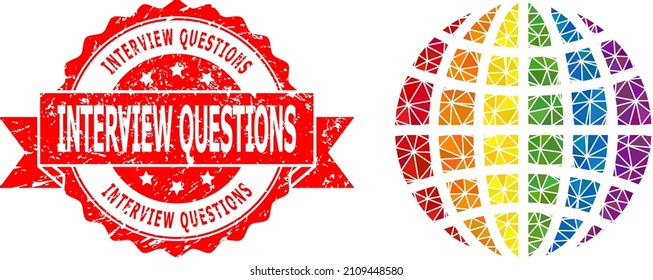 Low-Poly polygonal LGBT world 2d illustration, and Interview Questions corroded seal imitation. Red stamp seal includes Interview Questions text inside ribbon.