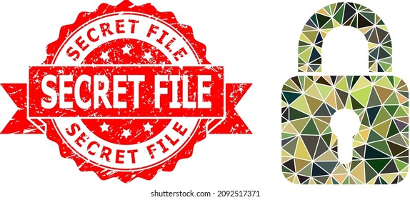 Low-Poly polygonal lock military camouflage icon illustration, and Secret File corroded seal print. Red seal includes Secret File caption inside ribbon.