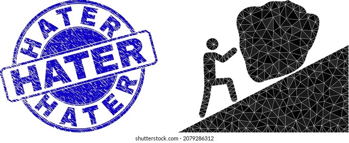 Low-Poly polygonal man rolling stone up 2d illustration with Hater corroded seal print. Blue stamp seal contains Hater title inside circle it.