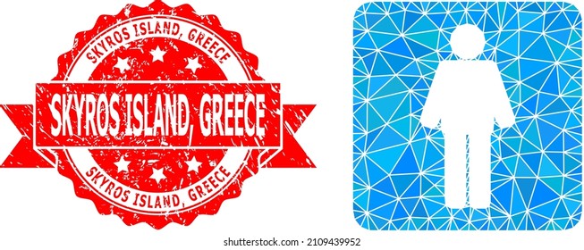 Lowpoly polygonal man symbol illustration, and Skyros Island, Greece unclean seal. Red seal includes Skyros Island, Greece text inside ribbon. Vector man icon is filled using triangles.