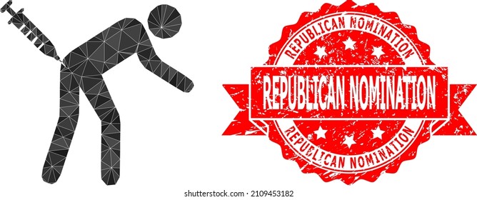 Low-Poly polygonal man vaccination icon illustration, and Republican Nomination scratched stamp seal. Red stamp contains Republican Nomination title inside ribbon.