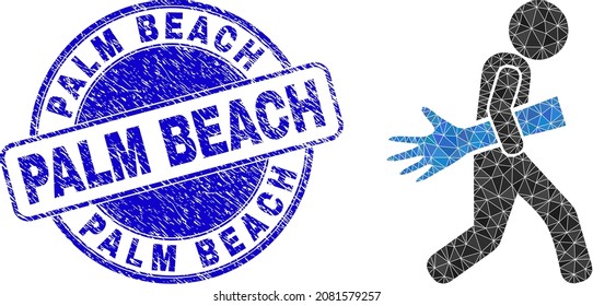 Lowpoly polygonal maneken hand courier icon illustration with Palm Beach scratched seal imitation. Blue stamp seal includes Palm Beach caption inside round shape.