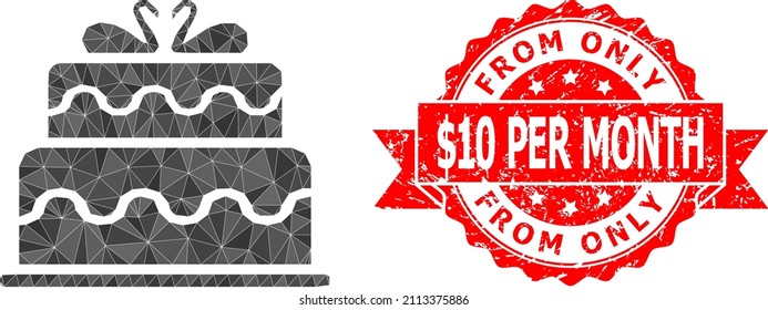 Lowpoly polygonal marriage cake icon illustration, and From Only dollar 10 Per Month textured stamp. Red stamp has From Only dollar 10 Per Month tag inside ribbon.