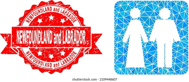 Low-Poly polygonal married groom and bribe icon illustration, and Newfoundland and Labrador unclean seal print. Red stamp seal has Newfoundland and Labrador tag inside ribbon.