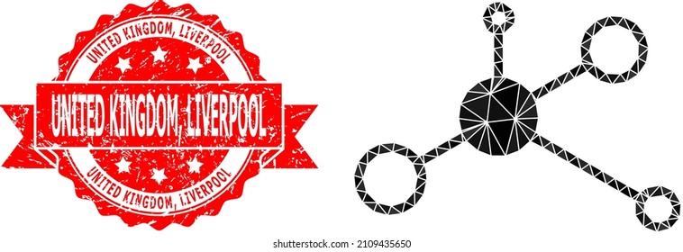 Low-Poly-Polygonal-Masternode-Symbol Illustration, und Großbritannien, Liverpool schmutzige Stempel. Rote Briefmarke hat Großbritannien, Liverpool Titel in Band. Vektorgrafik-Symbol mit Dreiecken.