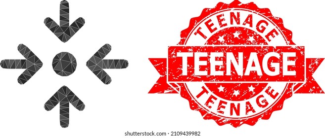 Low-Poly polygonal meeting point icon illustration, and Teenage textured stamp seal. Red stamp includes Teenage caption inside ribbon. Vector meeting point icon is filled using triangles.