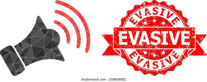 Low-Poly polygonal megaphone icon illustration, and Evasive corroded stamp seal. Red stamp includes Evasive text inside ribbon. Vector megaphone icon is filled using triangles.