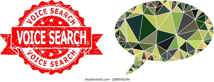 Low-Poly polygonal message cloud military camouflage icon illustration, and Voice Search grunge seal print. Red seal has Voice Search caption inside ribbon.