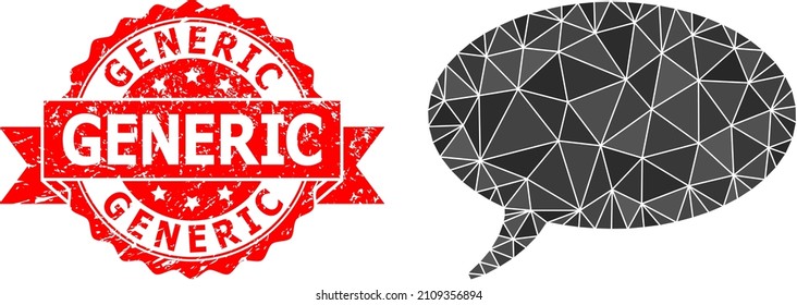 Low-Poly polygonal message cloud symbol illustration, and Generic corroded seal imitation. Red stamp seal contains Generic tag inside ribbon. Vector message cloud icon filled with triangle mosaic.