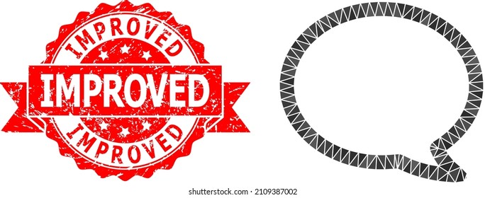 Low-Poly polygonal message cloud symbol illustration, and Improved scratched seal print. Red seal has Improved tag inside ribbon. Vector message cloud icon filled using triangles.