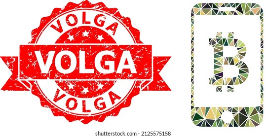 Low-Poly polygonal mobile bitcoin bank military camouflage symbol illustration, and Volga corroded stamp seal. Red stamp seal includes Volga tag inside ribbon.