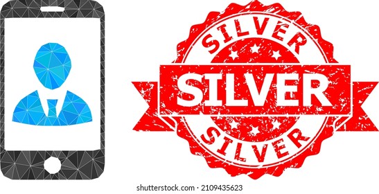 Lowpoly polygonal mobile user profile icon illustration, and Silver scratched seal print. Red stamp seal includes Silver caption inside ribbon.